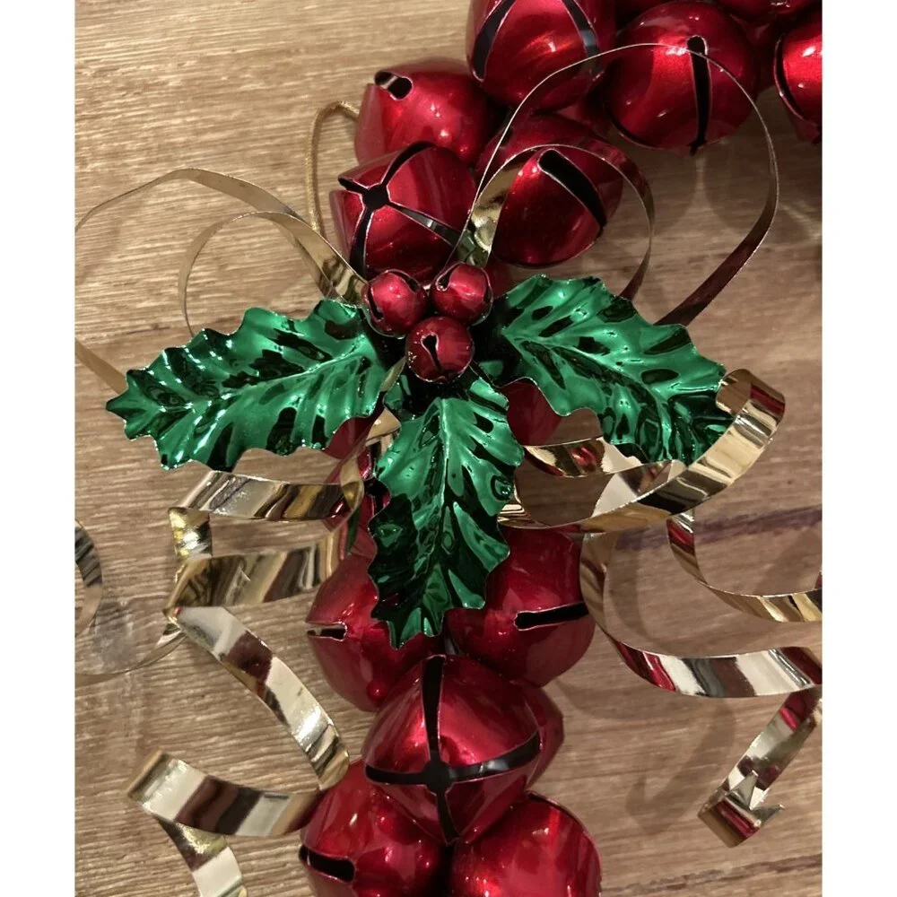 Red Jingle Bell Christmas Candy Cane Wreath Metal Brass Bow Holly Leaves